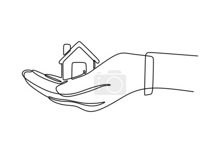 Téléchargez les illustrations : Dessin continu d'une ligne d'une main tenant une maison miniature. Illustration vectorielle design linéaire minimaliste. - en licence libre de droit
