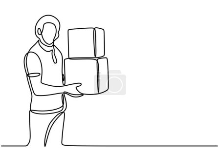 Illustration for One line drawing man brings donation box. World charity day concept - Royalty Free Image