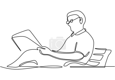 Téléchargez les illustrations : Un dessin linéaire d'un homme assis et lisant un journal. Illustration vectorielle design linéaire minimaliste. - en licence libre de droit