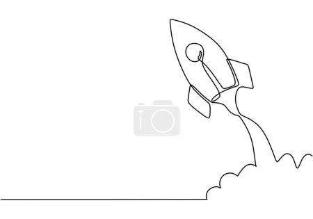Una línea continua del lanzamiento de la nave espacial Rocket al universo. Ilustración vectorial diseño lineal minimalista.