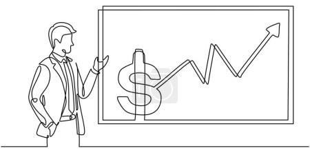 Illustration for Continuous line drawing of businessman with big dollar graphic chart. Vector illustration minimalist lineart design. - Royalty Free Image