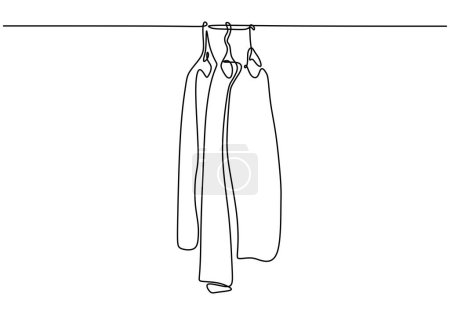 Téléchargez les illustrations : Continu une seule ligne de vêtements sur un cintre dans les cintres du magasin. Illustration vectorielle minimaliste. - en licence libre de droit