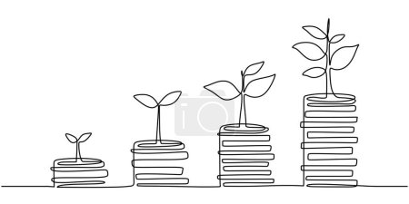Illustration for Single continuous line of coins stacks, money, saving and investment. Vector illustration minimalist lineart design. - Royalty Free Image