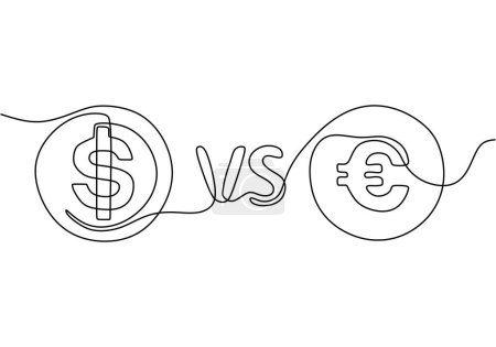 Téléchargez les illustrations : Tirage continu d'une ligne de dollars par rapport à l'euro monétaire. Illustration vectorielle design linéaire minimaliste. - en licence libre de droit