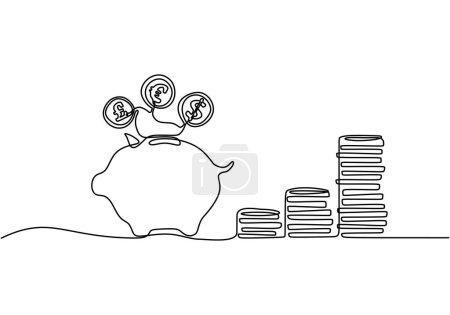Ilustración de Dibujo continuo de línea de alcancía con monedas de pila que ahorran dinero. Ilustración vectorial diseño lineal minimalista. - Imagen libre de derechos