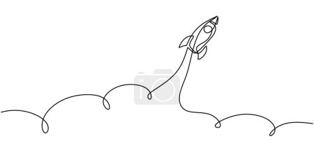 Téléchargez les illustrations : Un dessin linéaire continu du lancement du vaisseau spatial Rocket - en licence libre de droit