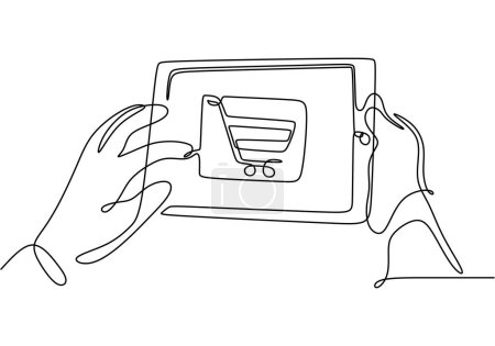 Illustration for Single one line drawing online shopping with tablet and trolley. Vector illustration market symbol concept. - Royalty Free Image