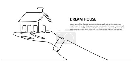 Continuous one line drawing of a hands holding a miniature dream house. Vector illustration minimalist lineart design.