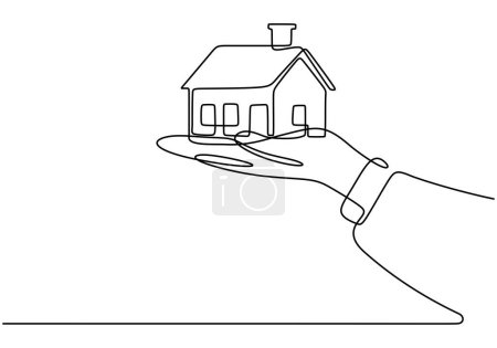 Continuous one line drawing of a hands holding a miniature dream house. Vector illustration minimalist lineart design.