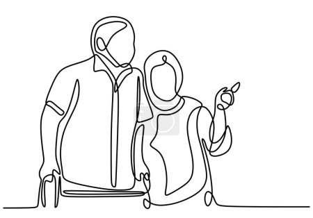 Illustration for Single one line drawing is Grandma supports Grandpa walking with cane - Royalty Free Image