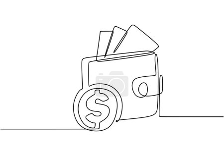 Un seul dessin en ligne continue de pièce de monnaie en dollars et grand portefeuille. Illustration vectorielle design linéaire minimaliste.