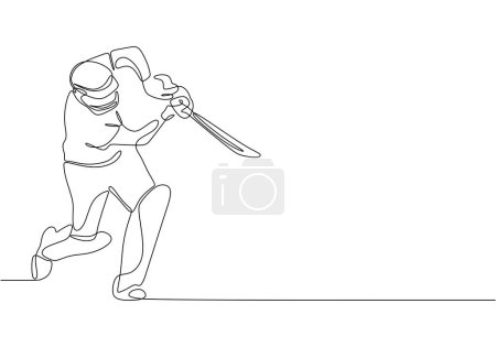 Téléchargez les illustrations : Un seul dessin de ligne de jeune joueur de cricket énergique. Illustration vectorielle minimaliste. - en licence libre de droit