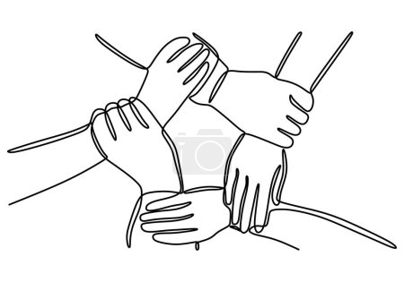 Illustration for Teamwork One line drawing. group of business people unite hands. Vector illustration minimalist. - Royalty Free Image