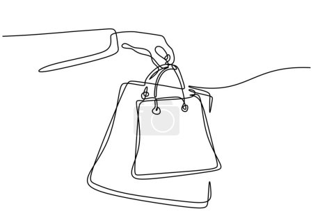 Téléchargez les illustrations : Dessin continu d'une ligne de sacs à main Shopping. Illustration vectorielle minimaliste. - en licence libre de droit