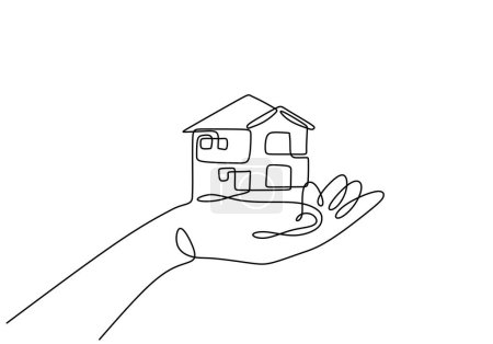 Téléchargez les illustrations : Dessin continu d'une ligne de main tenant une maison miniature. Illustration vectorielle minimaliste. - en licence libre de droit