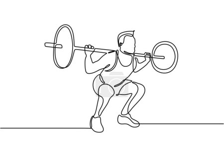 Illustration for Single continuous line drawing of young strong weightlifter. Vector illustration minimalist. - Royalty Free Image