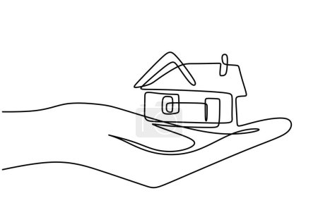 Continuous one line drawing of a hands holding a miniature house. Vector illustration minimalist.