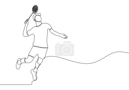 Téléchargez les illustrations : Dessin en ligne continue du joueur de badminton sauter et casser la balle. Illustration vectorielle minimaliste. - en licence libre de droit