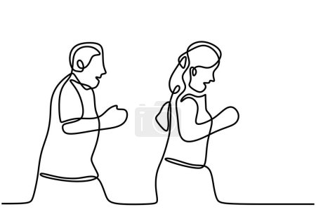eine durchgehende Linienzeichnung eines alten älteren Mannes und einer Frau beim gemeinsamen Joggen isoliert auf weißem Hintergrund.