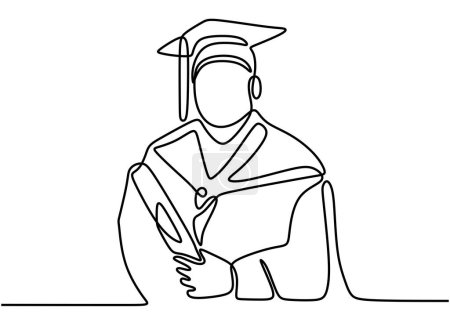un dessin en ligne continue de l'élève diplômé porter toga, casquette, robe et apporter du papier de certificat isolé sur fond blanc. Concept de graduation.