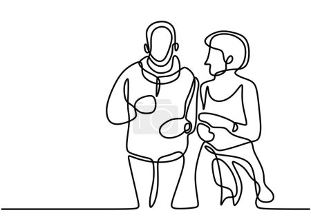 one continuous line drawing of old man and woman are jogging. Sport. Slow aging. Vector illustration