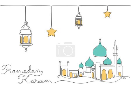 Téléchargez les illustrations : Lanternes, étoile, grande mosquée et ramadan kareem écriture à la main dans un seul style de dessin en ligne continue isolé sur fond blanc. Illustration vectorielle du concept de kareem du Ramadan. - en licence libre de droit