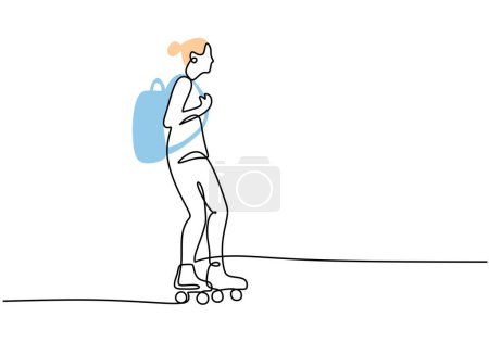 Girl play rollerblading skates with backpack in one continuous single line style drawing isolated on white background.