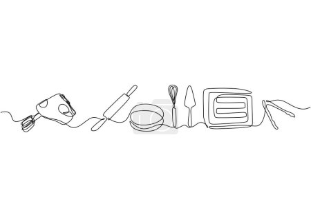 Dibujo de línea continua única de mezclador, rodillo de masa, bandeja para hornear, batidor, horno, pinzas para alimentos y cuchara para cocinar pastel aislado sobre fondo blanco.