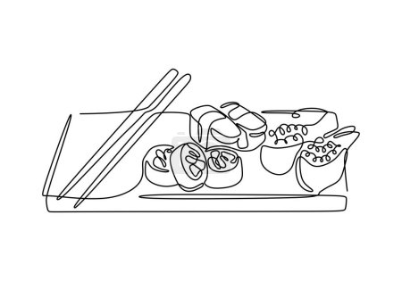 Continuous one line of sushi rolls with chopstick isolated on a white background. Linear stylized.Minimalist.