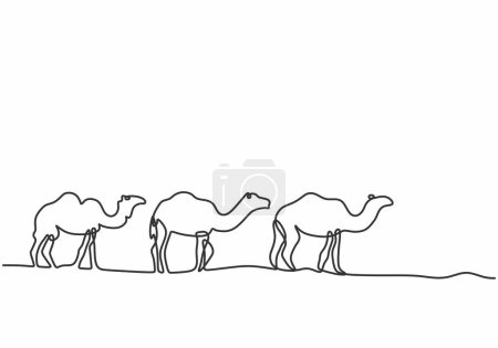 Téléchargez les illustrations : Groupe de chameaux sur désert dans un style continu de dessin d'art simple ligne isolé sur fond blanc. Illustration vectorielle du concept de kareem du Ramadan. - en licence libre de droit