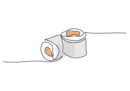 Continuous one line of sushi rolls isolated on a white background. Linear stylized Minimalist.