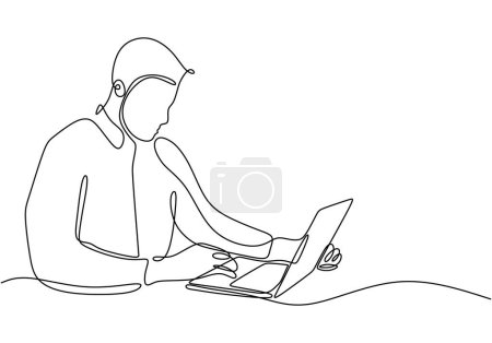 Man works with laptop continuous line drawing. Business and investment concept. Vector illustration minimalist design hand drawn.