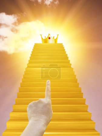 A man's hand is pointing up a golden staircase with a golden crown on top. Most Successful Business Ideas