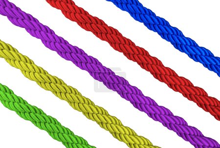 Cordes vertes, rouges, bleues, violettes, jaunes, isolées sur fond blanc.