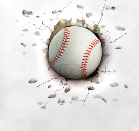 Une balle de baseball heurte un mur de ciment. concept de force