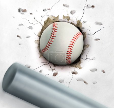 Une batte de baseball frappe la balle à travers le mur de ciment. concept de force