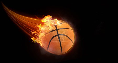 Téléchargez les photos : Basketball volant avec foudre effet magique rapide en fond noir flamme orange. - en image libre de droit