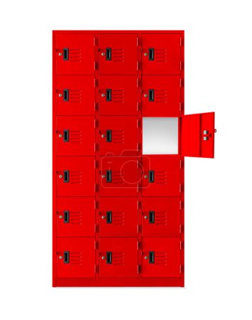 Photo for Deposit red locker boxes or gym lockers inside of a room with one opened door - Royalty Free Image