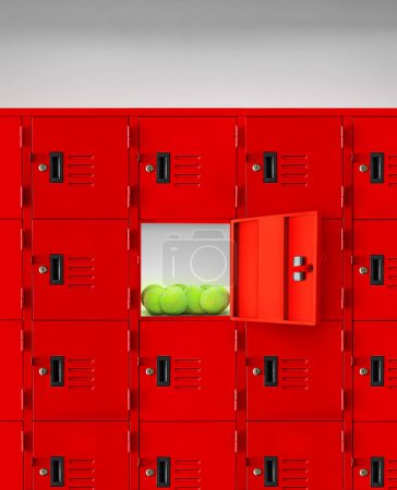 The tennis ball is in the red locker. inside the gym