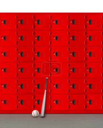 A baseball bat and a ball are placed in front of a red locker.