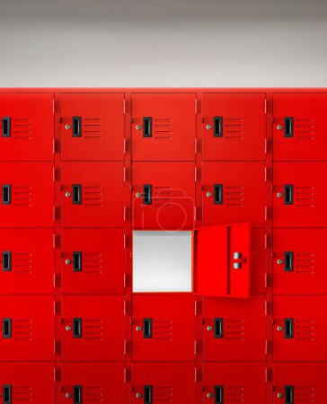 Photo for Deposit red locker boxes or gym lockers inside of a room with one central opened door - Royalty Free Image