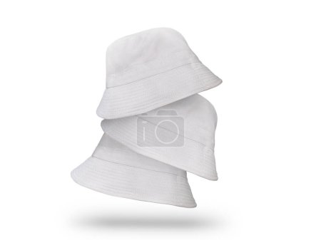 Three white bucket hats isolated on white background.