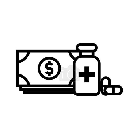 Geldstapel mit Medikamenten, Illustration des medizinischen Kostensymbolvektors