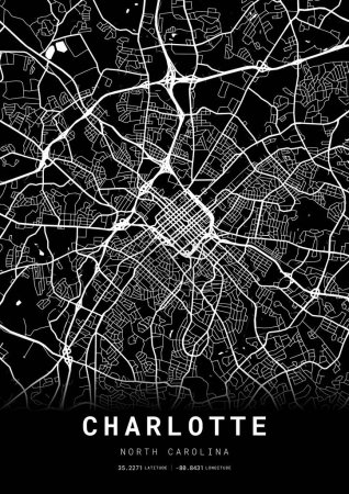 Illustration for Charlotte City Map Frame, Cartography Map Print, Street Layout Map - Royalty Free Image