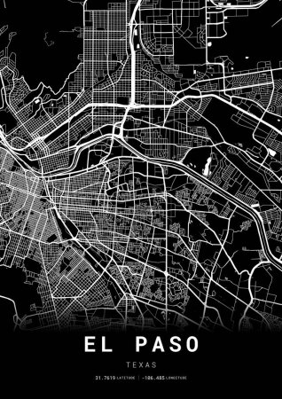 Téléchargez les illustrations : Cadre de la carte de la ville d'El Paso, Cartographie Carte imprimée, Carte de la rue - en licence libre de droit