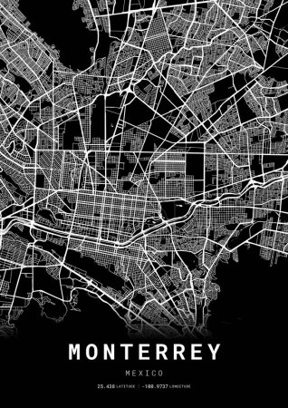 Téléchargez les illustrations : Monterrey City Map Frame, Cartographie Carte imprimée, Street Layout Carte - en licence libre de droit