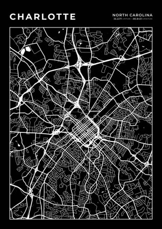 Illustration for Charlotte Map Wall Art Frame, Cartography Map Print, City Layout Map - Royalty Free Image