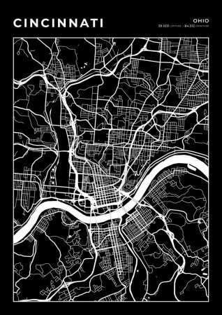 Mapa de Cincinnati Marco de pared del arte, Cartografía Mapa Imprimir, Mapa del diseño de la ciudad