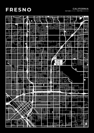 Fresno Map Wall Art Frame, Kartographie Landkarte Print, Stadtplan