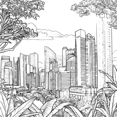 Illustration for Urban Singapore City Skylines Line Art with Greenery, Detailed Sketch - Royalty Free Image
